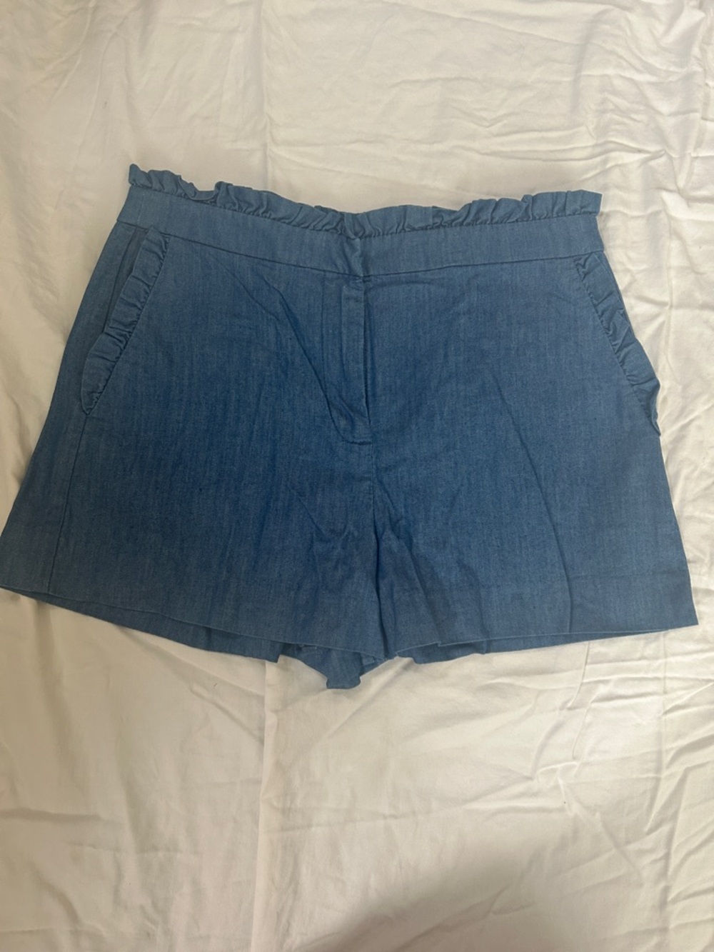 J. Crew Chambray Ruffle-Waist High-Rise Shorts - Blue